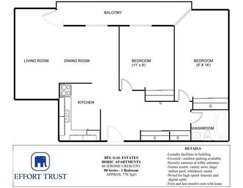 Floor plan for 2 beds, 1 bath, 770 sqft